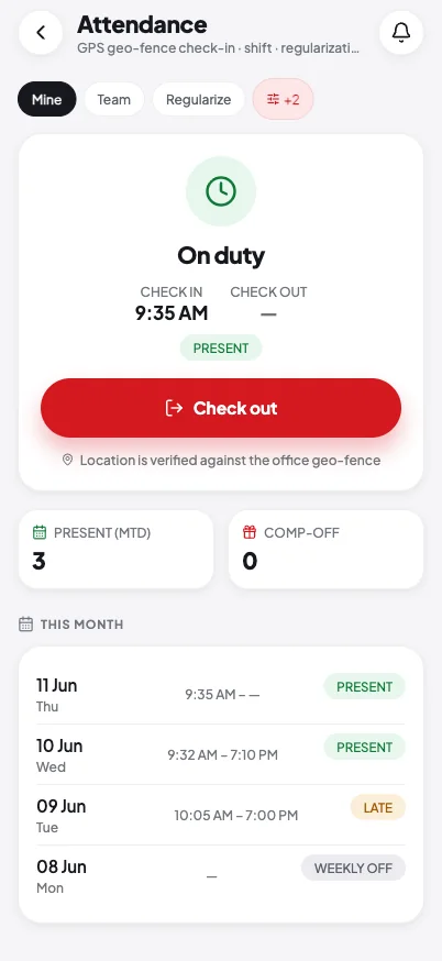 Geo-fenced check-in and the month’s attendance
