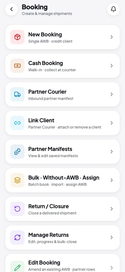 The booking menu inside the app