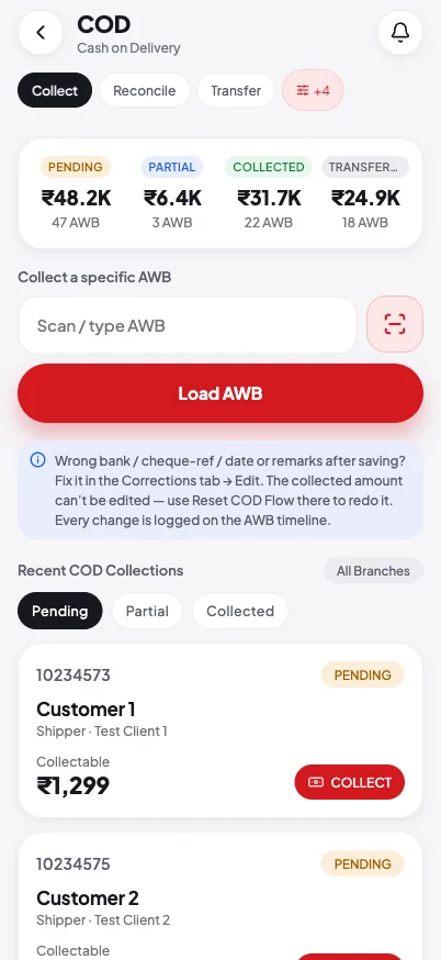 Cash-on-delivery collection inside the app