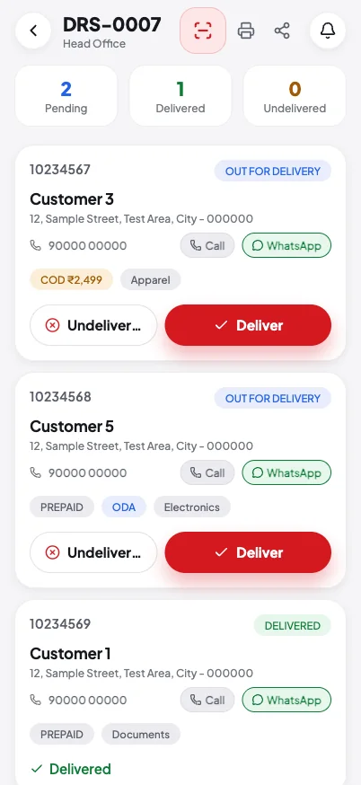 A rider’s delivery list, with call, COD and a deliver button