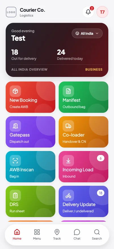 The app home screen, with the day’s work on it