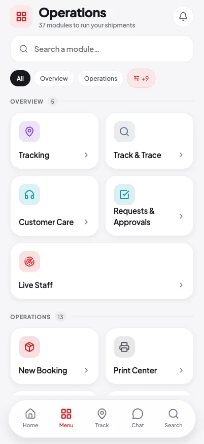 The operations menu, thirty-seven modules on the phone